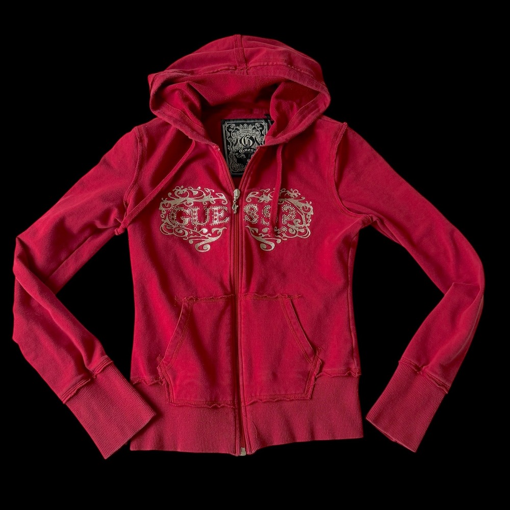 Y2K Guess Mcbling Red Zip Up Hoodie Silver Glitter Logo Sweatshirt‎ Y2K